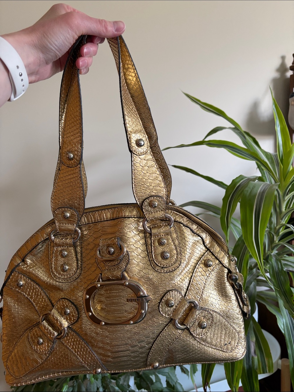 Guess Gold Metallic Textured Dome Satchel Shoulder Bag